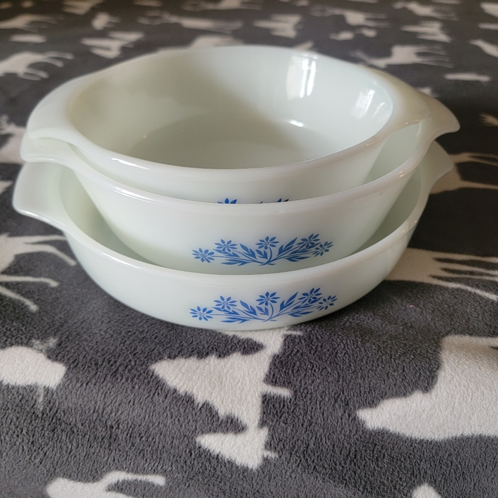 1 Anchor Hocking Fire King Blue Cornflower Bowl and 2 Oven Proof Microwave Safe